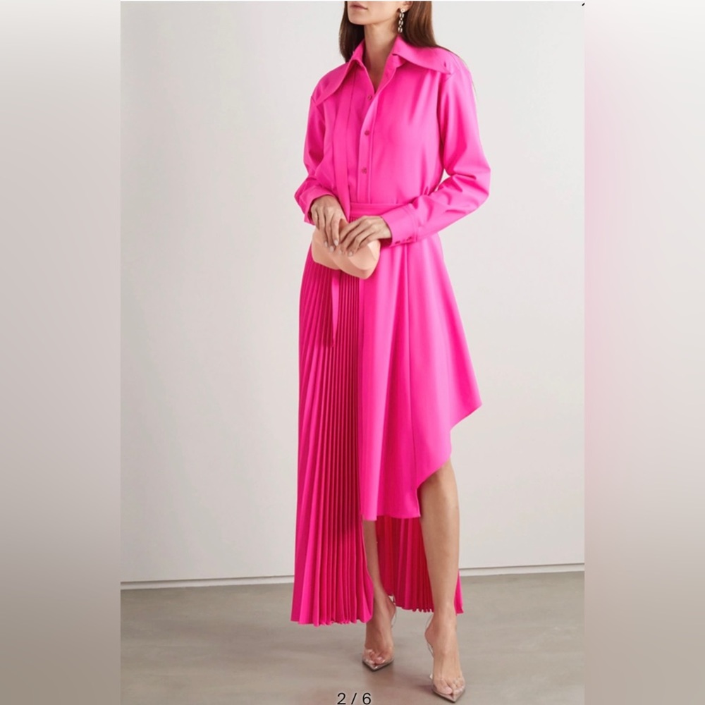 Christopher John Rogers Pleated Asymmetric Skirt Neon Pink Wool Blend - Picture 2 of 15